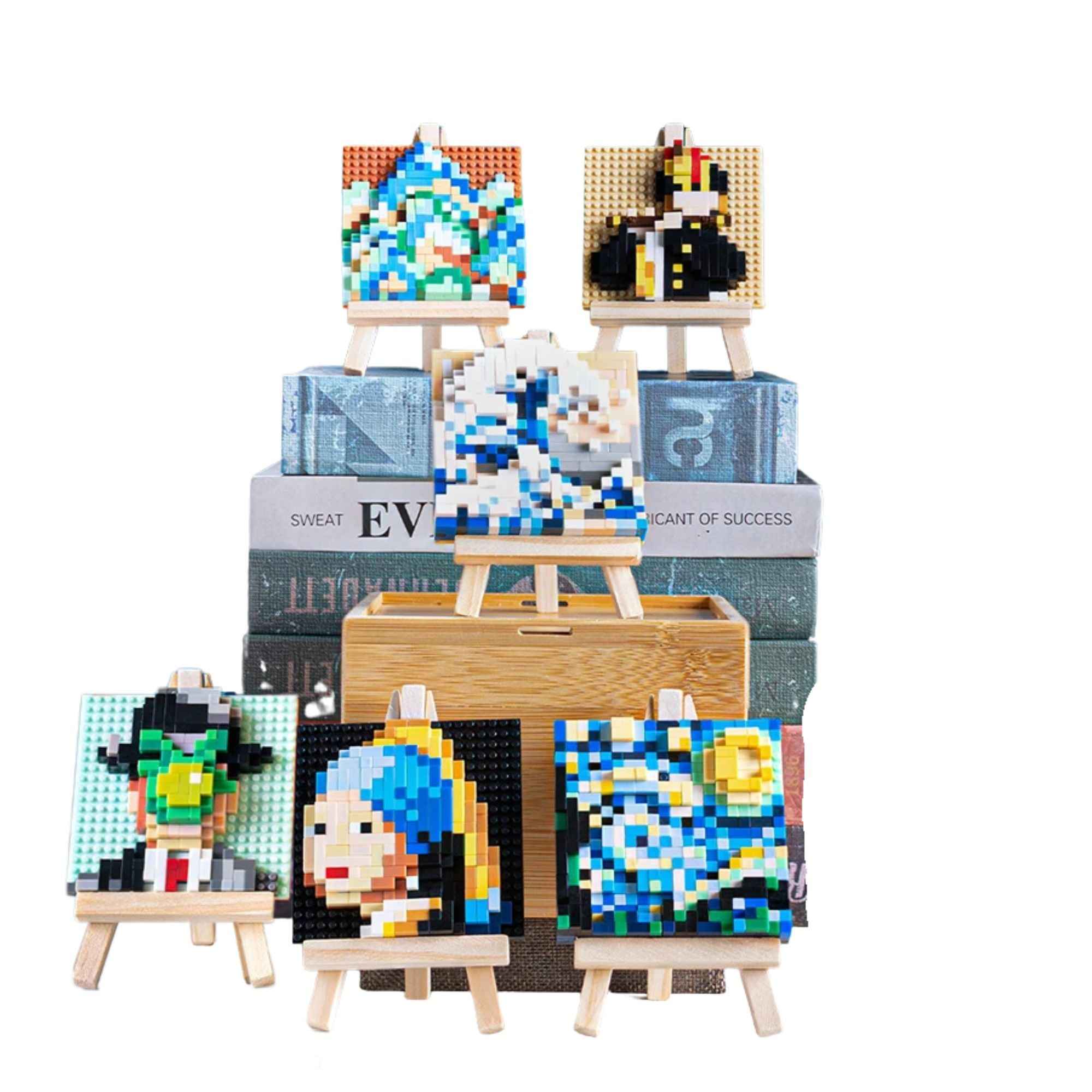 Mini Famous Painting Building Block Set with Wooden Easel – DIY Pixel Art Kit